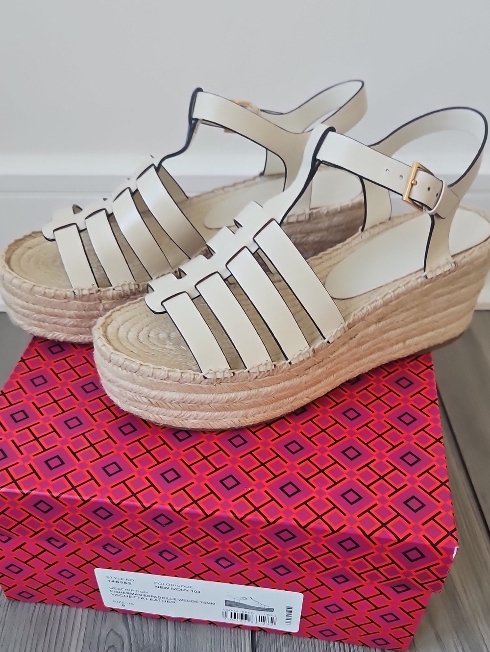 Tory Burch Fisherman espadrille wedge 75mm leather size 9